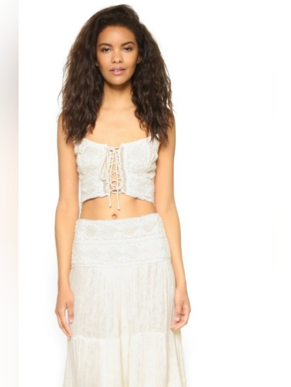 Jen's Pirate Booty Lace Up Smocked Crop Crochet Top Off White XS Boho Vacay